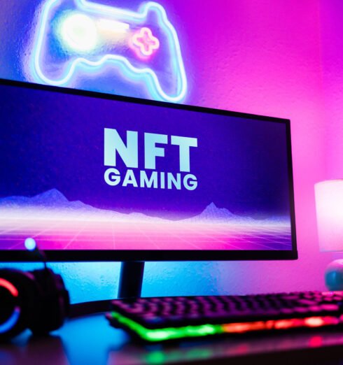 Gamer room displaying NFT gaming with token on marketplace platform for metaverse video game - Crypto technology trends - Focus on computer monitor Gamer room displaying NFT gaming with token on marketplace platform for metaverse video game - Crypto technology trends - Focus on computer monitor