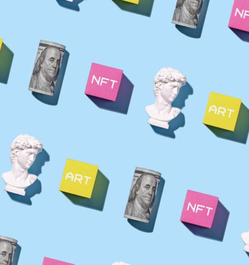 Pattern with bust of David, dollar statue and blockchain token. Pattern with bust of David, dollar statue and blockchain token. The concept of contemporary art and cropto currency of the future