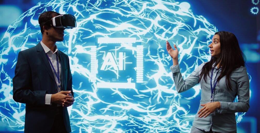 Tech experts presenting VR headset and AI tech during summit presentation Tech experts presenting VR headset and AI tech during summit presentation, exploring successful implementation of artificial intelligence and virtual reality in driving forward businesses, camera B