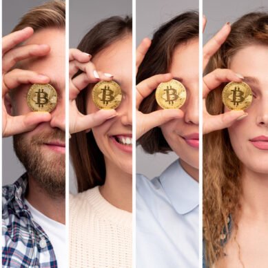 Collage of modern young men and women in casual outfits covering eyes with bitcoin coins while representing finance and investment concept
