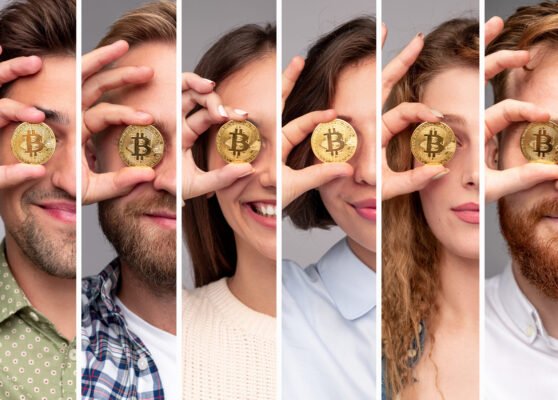 Collage of modern young men and women in casual outfits covering eyes with bitcoin coins while representing finance and investment concept